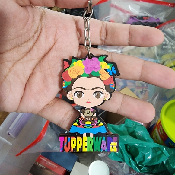 Colorful Tupperware Handmade Painted Wooden Keychain Frida Kahlo Inspired - Picture 2 of 4